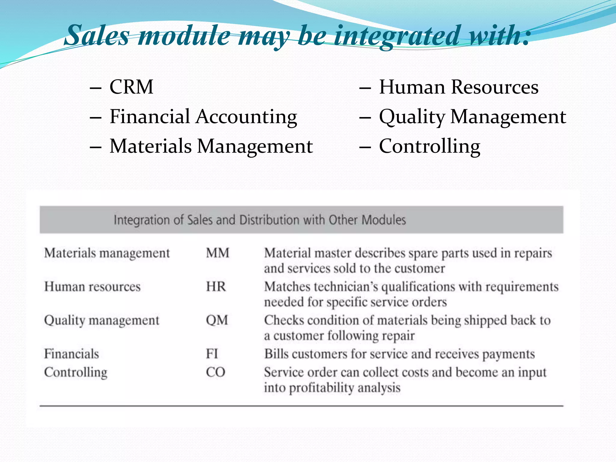 – Human Resources
– Quality Management
– Controlling
– CRM
– Financial Accounting
– Materials Management
Sales module may be integrated with:
 