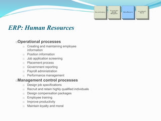 ERP: Human Resources
□Operational processes
□ Creating and maintaining employee
information
□ Position information
□ Job application screening
□ Placement process
□ Government reporting
□ Payroll administration
□ Performance management
□Management control processes
□ Design job specifications
□ Recruit and retain highly qualified individuals
□ Design compensation packages
□ Employee training
□ Improve productivity
□ Maintain loyalty and moral
 