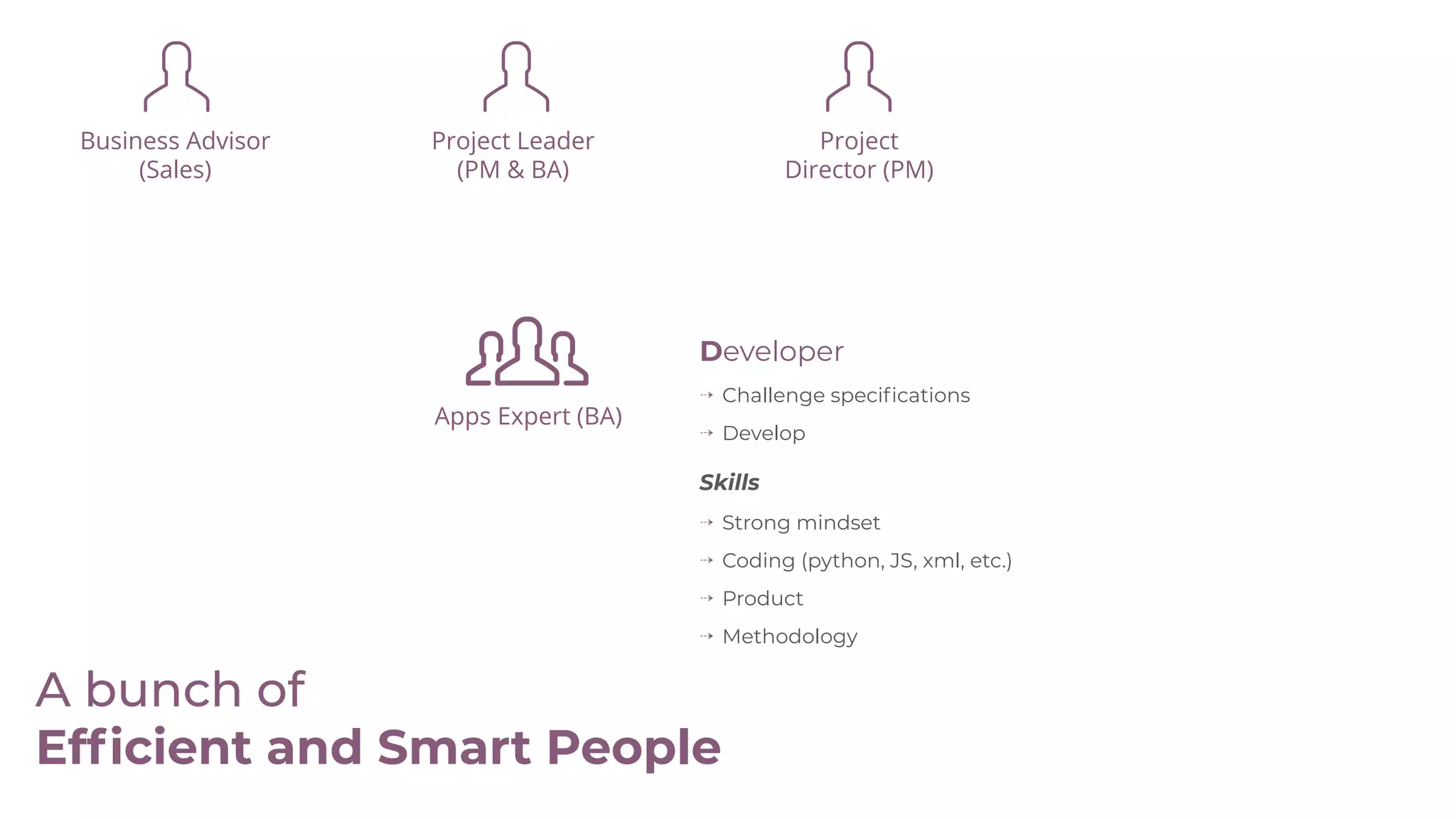 Business Advisor
(Sales)
Project Leader
(PM & BA)
Project
Director (PM)
Developer
⇢ Challenge speciﬁcations
⇢ Develop
Skills
⇢ Strong mindset
⇢ Coding (python, JS, xml, etc.)
⇢ Product
⇢ Methodology
Apps Expert (BA)
A bunch of
Efﬁcient and Smart People
 