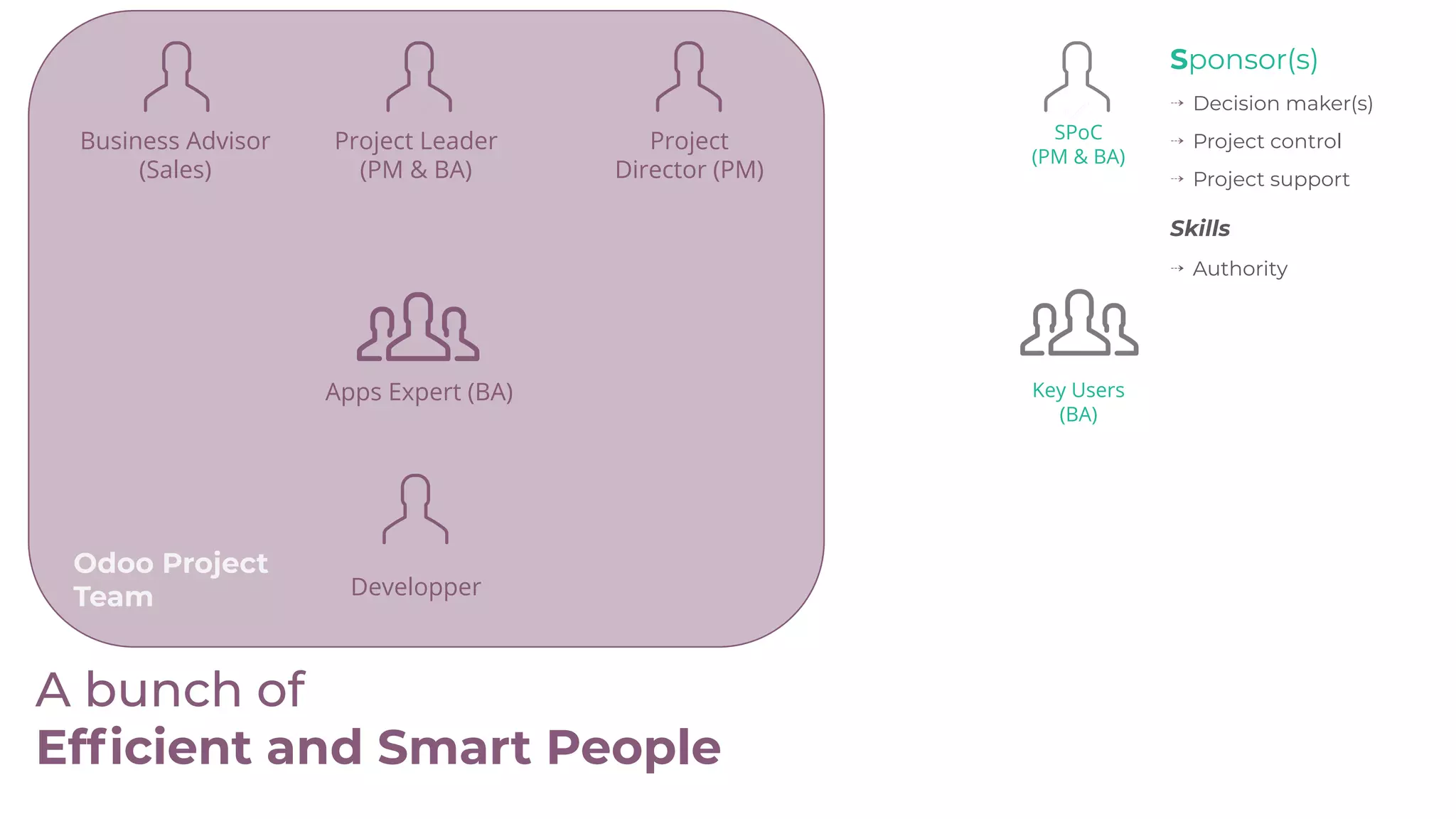 Business Advisor
(Sales)
Project Leader
(PM & BA)
Project
Director (PM)
Developper
SPoC
(PM & BA)
Key Users
(BA)
Sponsor(s)
⇢ Decision maker(s)
⇢ Project control
⇢ Project support
Skills
⇢ Authority
Apps Expert (BA)
Odoo Project
Team
A bunch of
Efﬁcient and Smart People
 