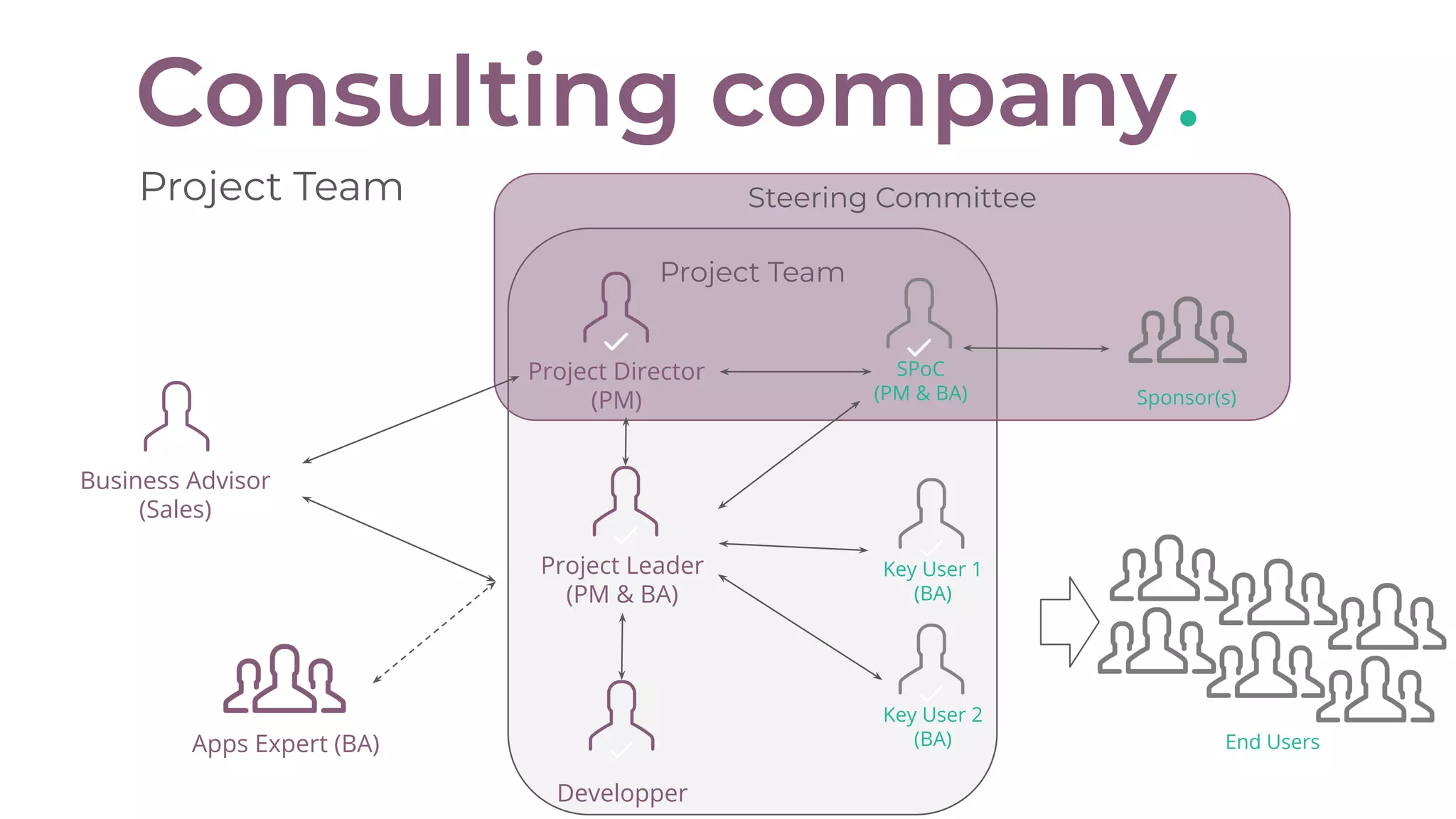 Project Team
Consulting company.
Project Team Steering Committee
Business Advisor
(Sales)
Project Leader
(PM & BA)
SPoC
(PM & BA)
End UsersApps Expert (BA)
Developper
Sponsor(s)
Key User 1
(BA)
Key User 2
(BA)
Project Director
(PM)
 