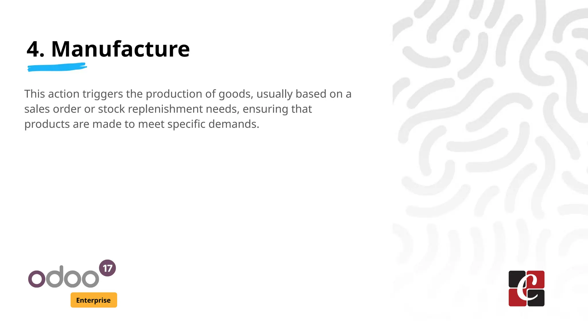 4. Manufacture
Enterprise
This action triggers the production of goods, usually based on a
sales order or stock replenishment needs, ensuring that
products are made to meet specific demands.
 