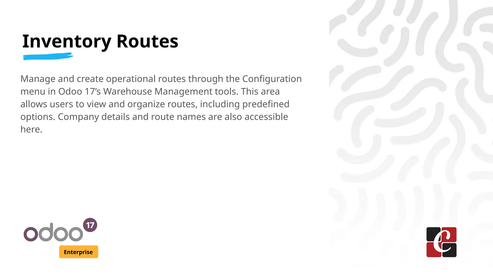 Inventory Routes
Enterprise
Manage and create operational routes through the Configuration
menu in Odoo 17’s Warehouse Management tools. This area
allows users to view and organize routes, including predefined
options. Company details and route names are also accessible
here.
 