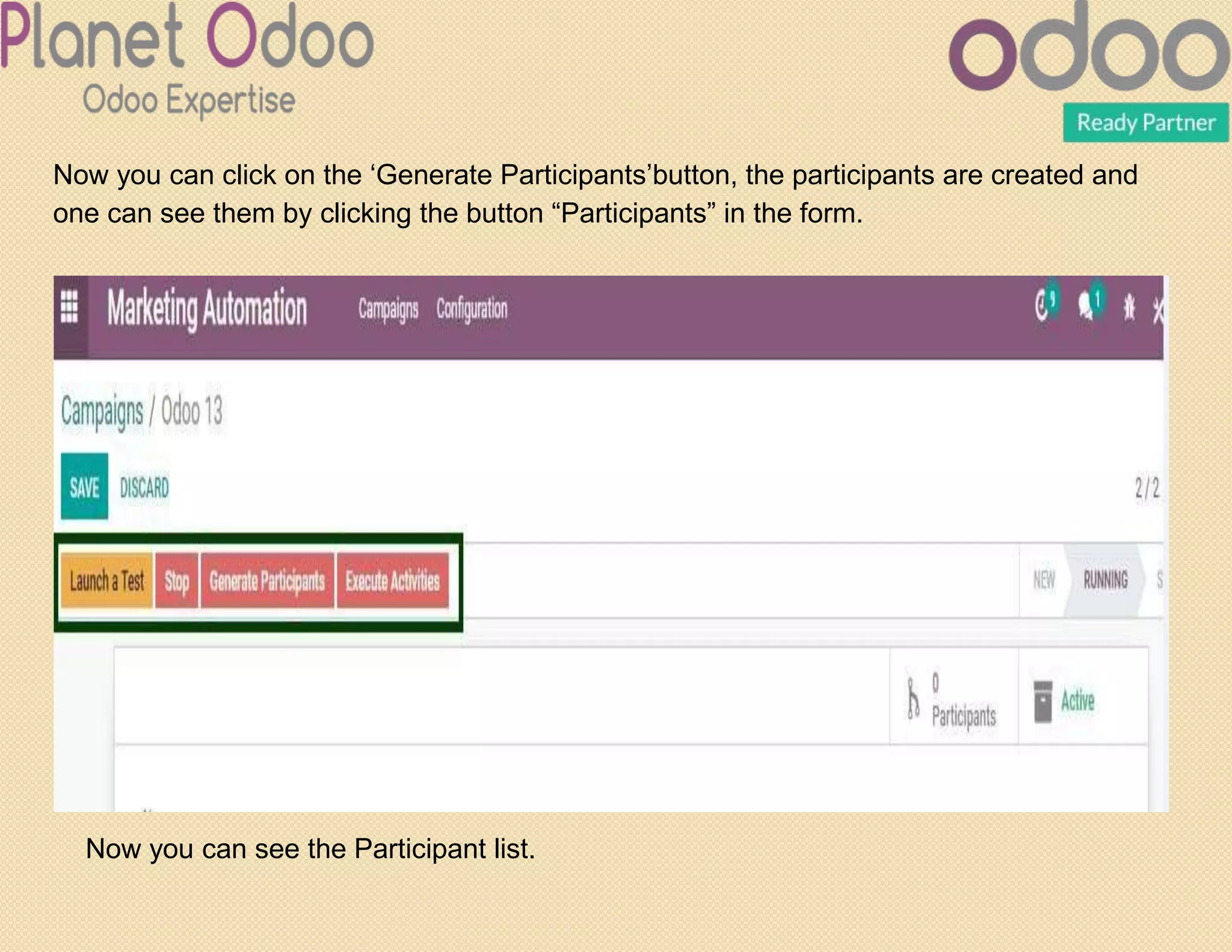 Now you can click on the ‘Generate Participants’button, the participants are created and
one can see them by clicking the button “Participants” in the form.
Now you can see the Participant list.
 