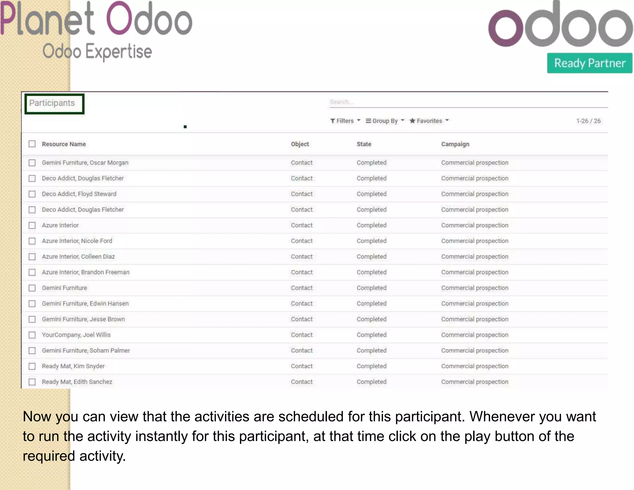 Now you can view that the activities are scheduled for this participant. Whenever you want
to run the activity instantly for this participant, at that time click on the play button of the
required activity.
 