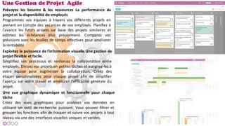 Une Gestion de Projet Agile
Prévoyez les besoins & les ressources La performance du
projet et la disponibilité de employés
Programmez vos équipes à travers vos différents projets en
prenant en compte des vacances de vos employés. Planifiez à
l'avance les futurs projets sur base des projets similaires et
estimez les échéances plus précisément. Comparez vos
prévisions avec les feuilles de temps effectives pour améliorer
la rentabilité
Exploitez la puissance de l'information visuelle Une gestion de
projet flexible et facile.
Simplifiez vos processus et renforcez la collaboration entre
employés. Divisez vos projets en petites tâches et assignez-les à
votre équipe pour augmenter la collaboration. Créez des
étapes personnalisées pour chaque projet afin de simplifier
l'aperçu sur votre travail et améliorer l'efficacité générale du
projet.
Une vue graphique dynamique et fonctionnelle pour chaque
tâche
Créez des vues graphiques pour analysez vos données en
utilisant un outil de recherche puissant. Vous pouvez filtrer et
grouper les fonctions afin de traquer et suivre vos projets à tout
niveau via une des interfaces visuelles uniques et variées.
 