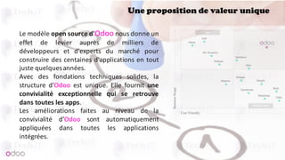 Une proposition de valeur unique
Le modèle open source d'Odoo nous donne un
effet de levier auprès de milliers de
développeurs et d'experts du marché pour
construire des centaines d'applications en tout
juste quelquesannées.
Avec des fondations techniques solides, la
structure d'Odoo est unique. Elle fournit une
convivialité exceptionnelle qui se retrouve
dans toutes les apps.
Les améliorations faites au niveau de la
convivialité d'Odoo sont automatiquement
appliquées dans toutes les applications
intégrées.
 