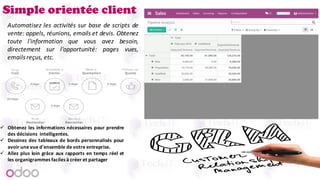 Automatisez les activités sur base de scripts de
vente: appels, réunions, emails et devis. Obtenez
toute l'information que vous avez besoin,
directement sur l'opportunité: pages vues,
emails reçus, etc.
ü Obtenez les informations nécessaires pour prendre
des décisions intelligentes.
ü Dessinez des tableaux de bords personnalisés pour
avoir une vue d'ensemble de votre entreprise.
ü Allez plus loin grâce aux rapports en temps réel et
les organigrammes faciles à créer et partager
Simple orientée client
 