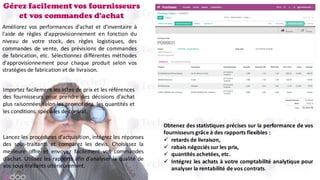 Gérez facilement vos fournisseurs
et vos commandes d'achat
Améliorez vos performances d'achat et d'inventaire à
l'aide de règles d'approvisionnement en fonction du
niveau de votre stock, des règles logistiques, des
commandes de vente, des prévisions de commandes
de fabrication, etc. Sélectionnez différentes méthodes
d'approvisionnement pour chaque produit selon vos
stratégies de fabrication et de livraison.
Importez facilement les listes de prix et les références
des fournisseurs pour prendre des décisions d'achat
plus raisonnées selon les promotions, les quantités et
les conditions spéciales de contrat.
Lancez les procédures d'acquisition, intégrez les réponses
des sous-traitants et comparez les devis. Choisissez la
meilleure offre et envoyez facilement vos commandes
d'achat. Utilisez les rapports afin d'analyser la qualité de
vos sous-traitants ultérieurement.
Obtenez des statistiques précises sur la performance de vos
fournisseurs grâce à des rapports flexibles :
ü retards de livraison,
ü rabais négociés sur les prix,
ü quantités achetées, etc.
ü Intégrez les achats à votre comptabilité analytique pour
analyser la rentabilité de vos contrats.
 