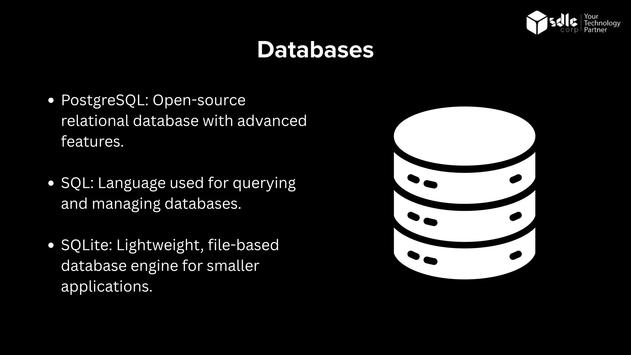 Databases
PostgreSQL: Open-source
relational database with advanced
features.
SQL: Language used for querying
and managing databases.
SQLite: Lightweight, file-based
database engine for smaller
applications.
 