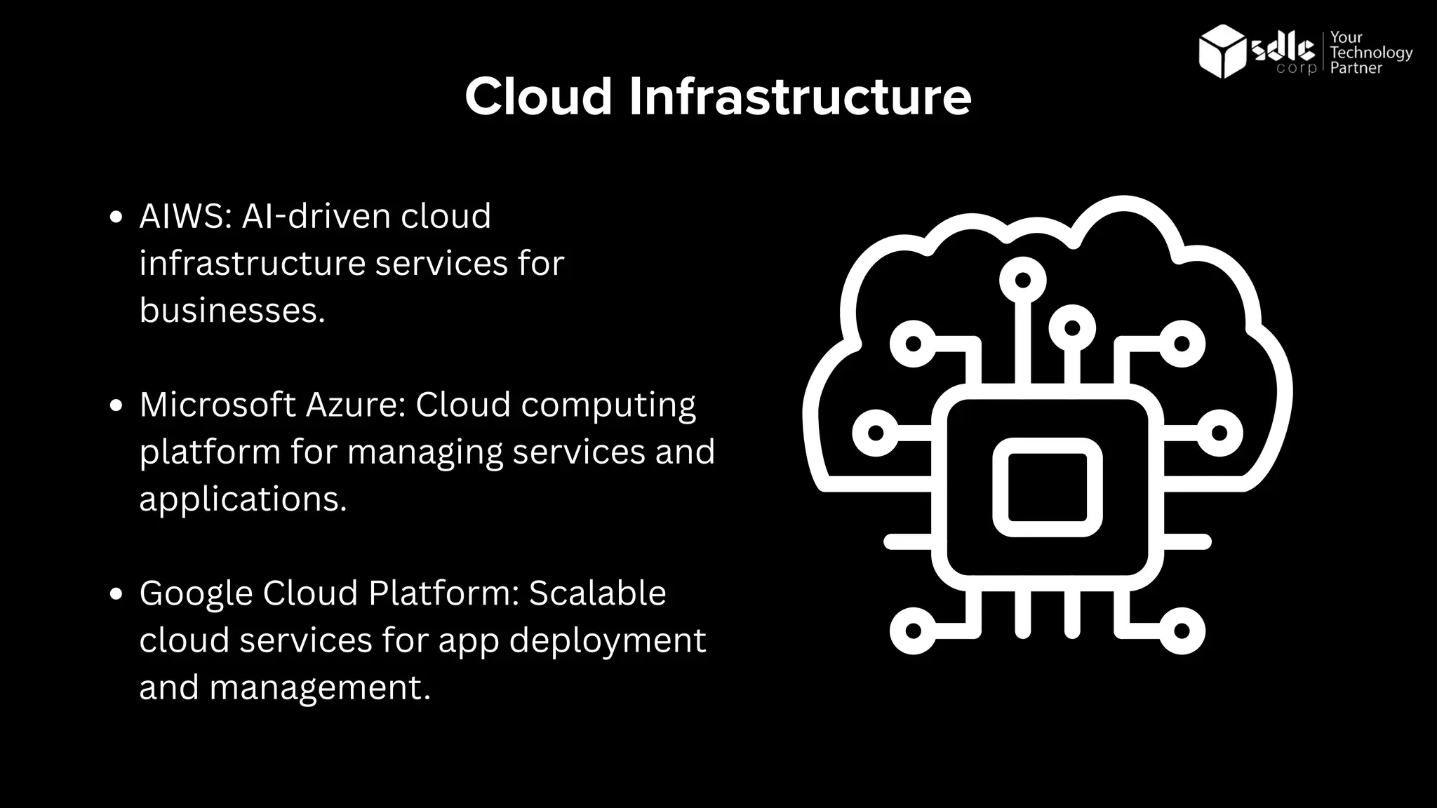 Cloud Infrastructure
AIWS: AI-driven cloud
infrastructure services for
businesses.
Microsoft Azure: Cloud computing
platform for managing services and
applications.
Google Cloud Platform: Scalable
cloud services for app deployment
and management.
 