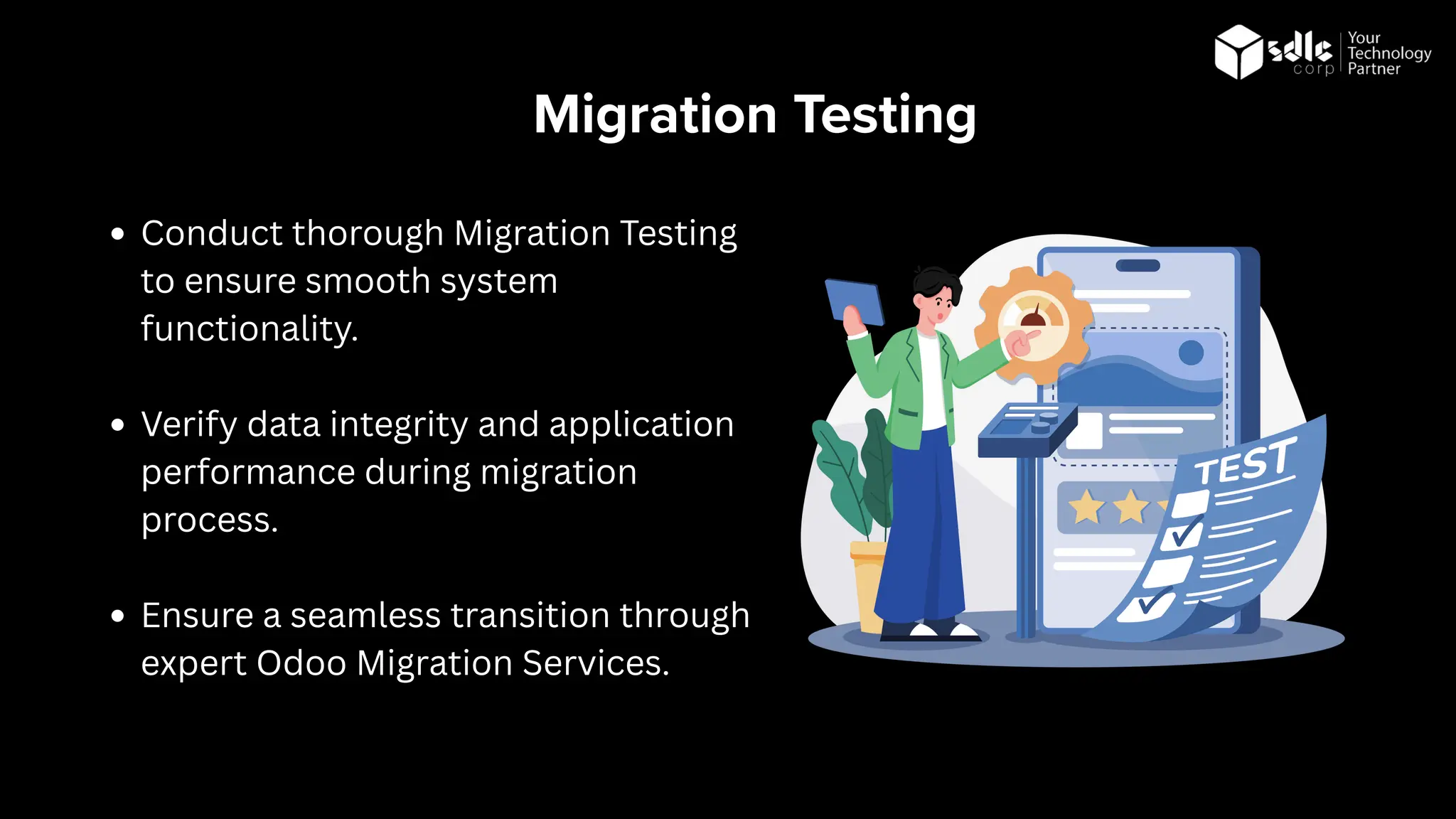 Migration Testing
Conduct thorough Migration Testing
to ensure smooth system
functionality.
Verify data integrity and application
performance during migration
process.
Ensure a seamless transition through
expert Odoo Migration Services.
 