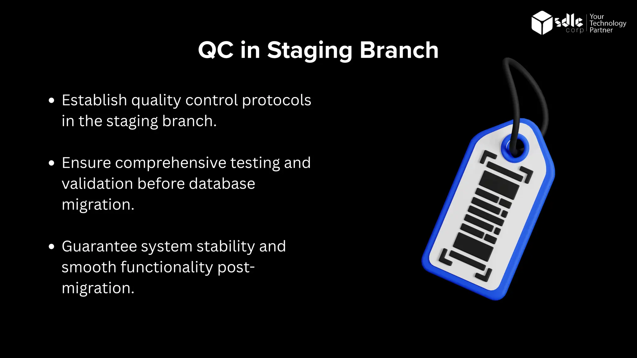 QC in Staging Branch
Establish quality control protocols
in the staging branch.
Ensure comprehensive testing and
validation before database
migration.
Guarantee system stability and
smooth functionality post-
migration.
 
