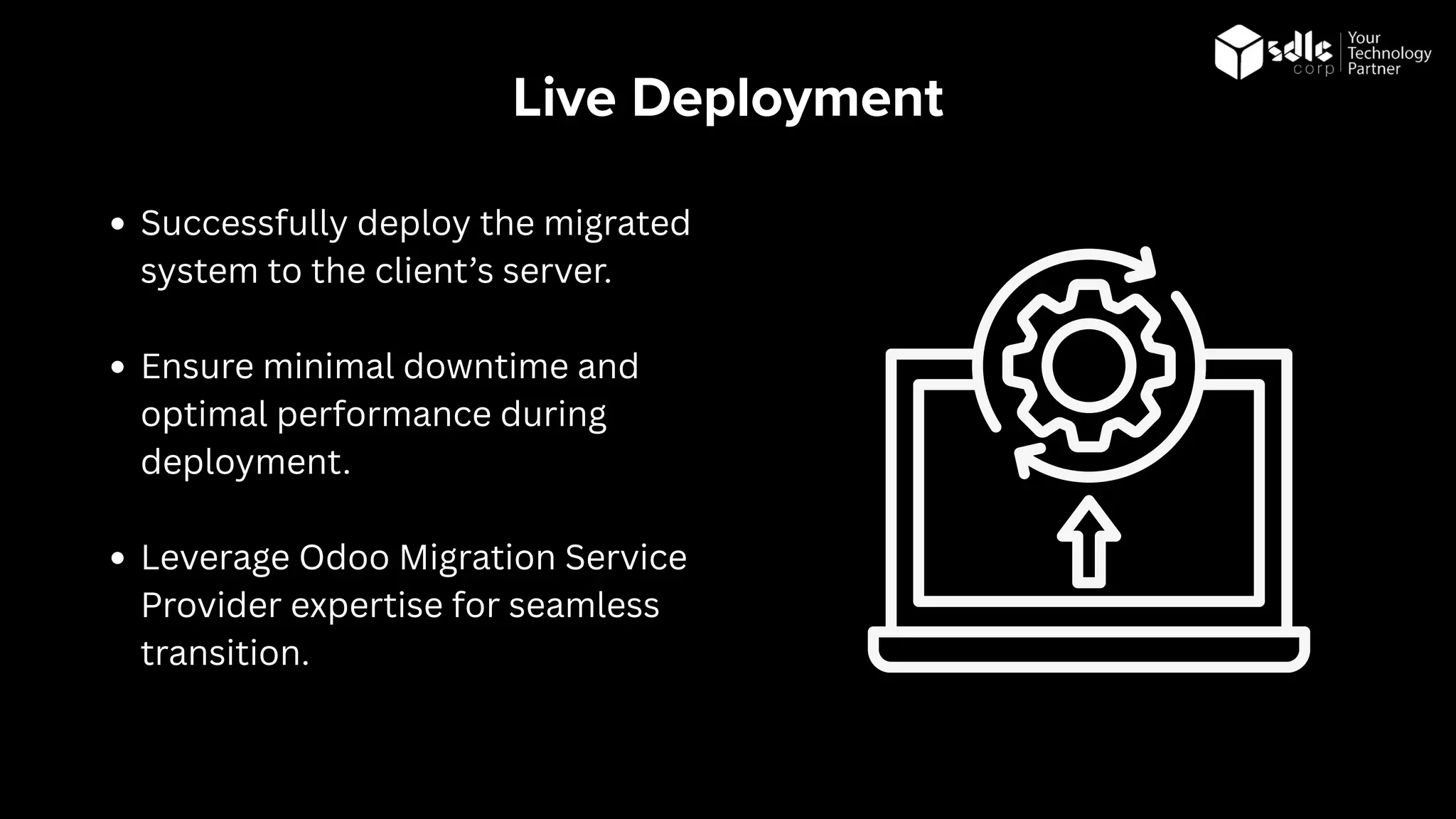 Live Deployment
Successfully deploy the migrated
system to the client’s server.
Ensure minimal downtime and
optimal performance during
deployment.
Leverage Odoo Migration Service
Provider expertise for seamless
transition.
 