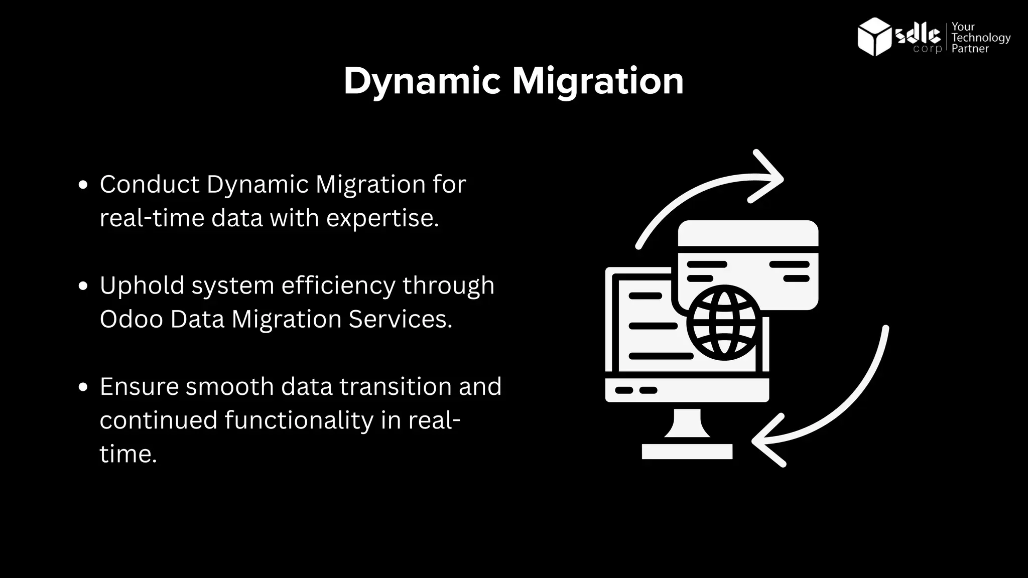 Dynamic Migration
Conduct Dynamic Migration for
real-time data with expertise.
Uphold system efficiency through
Odoo Data Migration Services.
Ensure smooth data transition and
continued functionality in real-
time.
 
