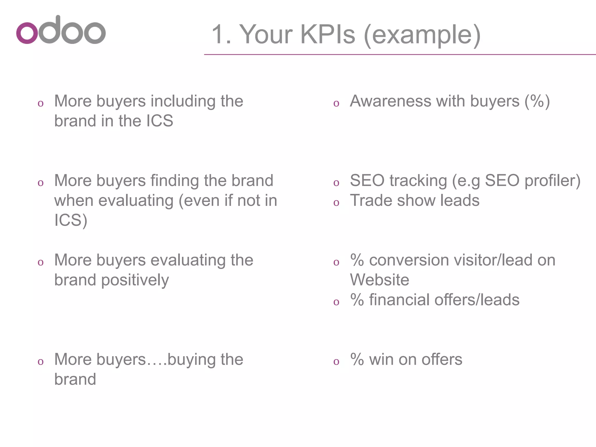 1. YourKPIs(example) 
oMore buyers including the brand in the ICS 
oMore buyers finding the brand when evaluating (even if not in ICS) 
oMore buyers evaluating the brand positively 
oMore buyers….buying the brand 
oAwareness with buyers (%) 
oSEO tracking (e.gSEO profiler) 
oTrade show leads 
o% conversion visitor/lead on Website 
o% financial offers/leads 
o% win on offers  