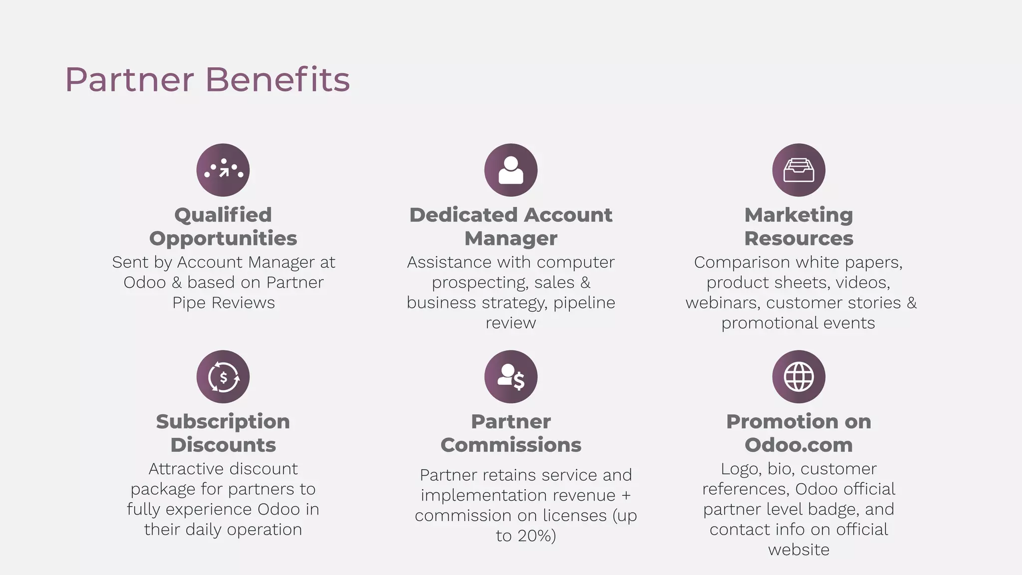 Qualiﬁed
Opportunities
Sent by Account Manager at
Odoo & based on Partner
Pipe Reviews
Subscription
Discounts
Attractive discount
package for partners to
fully experience Odoo in
their daily operation
Dedicated Account
Manager
Assistance with computer
prospecting, sales &
business strategy, pipeline
review
Partner
Commissions
Partner retains service and
implementation revenue +
commission on licenses (up
to 20%)
Marketing
Resources
Comparison white papers,
product sheets, videos,
webinars, customer stories &
promotional events
Promotion on
Odoo.com
Logo, bio, customer
references, Odoo ofﬁcial
partner level badge, and
contact info on ofﬁcial
website
Partner Beneﬁts
 