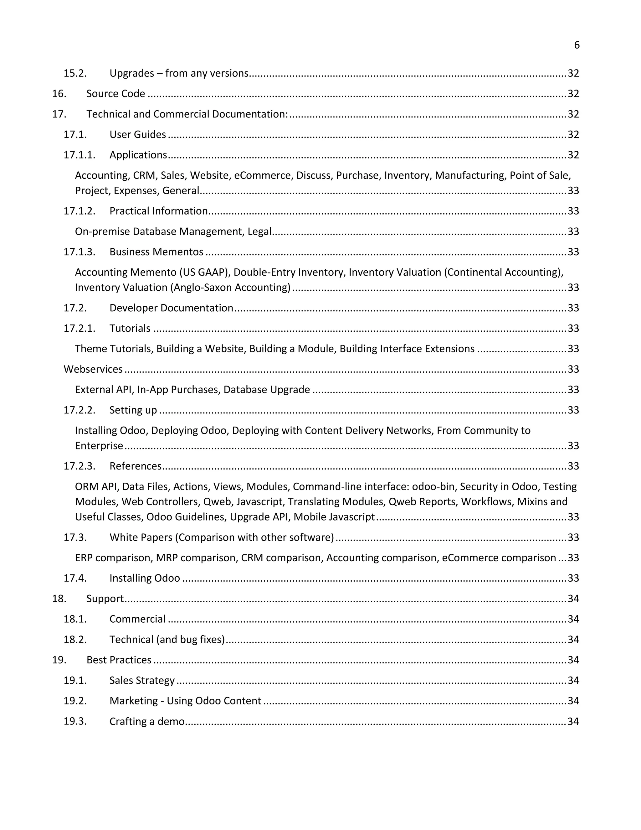 6
15.2. Upgrades – from any versions..............................................................................................................32
16. Source Code .................................................................................................................................................32
17. Technical and Commercial Documentation:................................................................................................32
17.1. User Guides..........................................................................................................................................32
17.1.1. Applications..........................................................................................................................................32
Accounting, CRM, Sales, Website, eCommerce, Discuss, Purchase, Inventory, Manufacturing, Point of Sale,
Project, Expenses, General...............................................................................................................................33
17.1.2. Practical Information............................................................................................................................33
On-premise Database Management, Legal......................................................................................................33
17.1.3. Business Mementos .............................................................................................................................33
Accounting Memento (US GAAP), Double-Entry Inventory, Inventory Valuation (Continental Accounting),
Inventory Valuation (Anglo-Saxon Accounting)...............................................................................................33
17.2. Developer Documentation...................................................................................................................33
17.2.1. Tutorials ...............................................................................................................................................33
Theme Tutorials, Building a Website, Building a Module, Building Interface Extensions ...............................33
Webservices.........................................................................................................................................................33
External API, In-App Purchases, Database Upgrade ........................................................................................33
17.2.2. Setting up .............................................................................................................................................33
Installing Odoo, Deploying Odoo, Deploying with Content Delivery Networks, From Community to
Enterprise.........................................................................................................................................................33
17.2.3. References............................................................................................................................................33
ORM API, Data Files, Actions, Views, Modules, Command-line interface: odoo-bin, Security in Odoo, Testing
Modules, Web Controllers, Qweb, Javascript, Translating Modules, Qweb Reports, Workflows, Mixins and
Useful Classes, Odoo Guidelines, Upgrade API, Mobile Javascript..................................................................33
17.3. White Papers (Comparison with other software)................................................................................33
ERP comparison, MRP comparison, CRM comparison, Accounting comparison, eCommerce comparison...33
17.4. Installing Odoo .....................................................................................................................................33
18. Support.........................................................................................................................................................34
18.1. Commercial ..........................................................................................................................................34
18.2. Technical (and bug fixes)......................................................................................................................34
19. Best Practices...............................................................................................................................................34
19.1. Sales Strategy.......................................................................................................................................34
19.2. Marketing - Using Odoo Content.........................................................................................................34
19.3. Crafting a demo....................................................................................................................................34
 