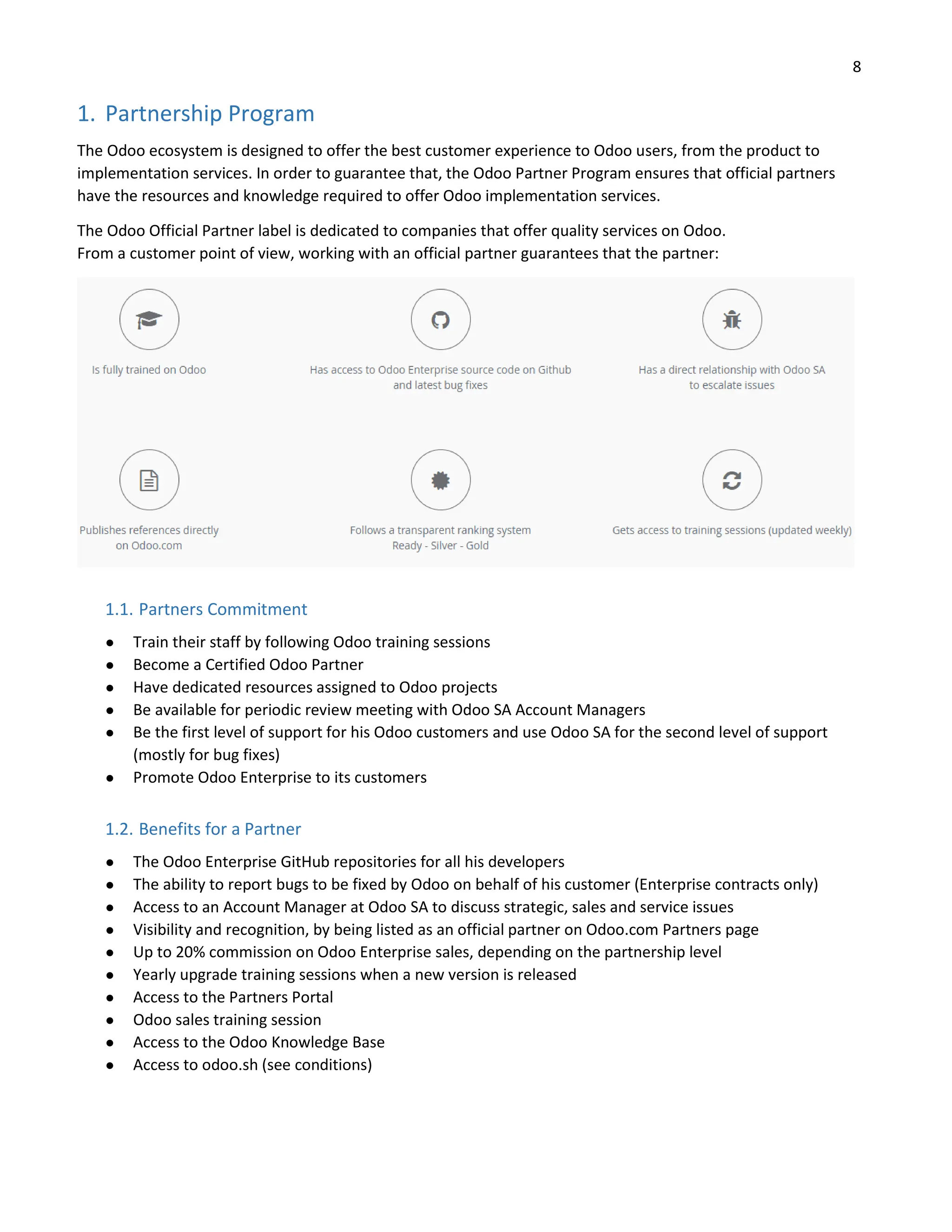 8
1. Partnership Program
The Odoo ecosystem is designed to offer the best customer experience to Odoo users, from the product to
implementation services. In order to guarantee that, the Odoo Partner Program ensures that official partners
have the resources and knowledge required to offer Odoo implementation services.
The Odoo Official Partner label is dedicated to companies that offer quality services on Odoo.
From a customer point of view, working with an official partner guarantees that the partner:
1.1. Partners Commitment
● Train their staff by following Odoo training sessions
● Become a Certified Odoo Partner
● Have dedicated resources assigned to Odoo projects
● Be available for periodic review meeting with Odoo SA Account Managers
● Be the first level of support for his Odoo customers and use Odoo SA for the second level of support
(mostly for bug fixes)
● Promote Odoo Enterprise to its customers
1.2. Benefits for a Partner
● The Odoo Enterprise GitHub repositories for all his developers
● The ability to report bugs to be fixed by Odoo on behalf of his customer (Enterprise contracts only)
● Access to an Account Manager at Odoo SA to discuss strategic, sales and service issues
● Visibility and recognition, by being listed as an official partner on Odoo.com Partners page
● Up to 20% commission on Odoo Enterprise sales, depending on the partnership level
● Yearly upgrade training sessions when a new version is released
● Access to the Partners Portal
● Odoo sales training session
● Access to the Odoo Knowledge Base
● Access to odoo.sh (see conditions)
 
