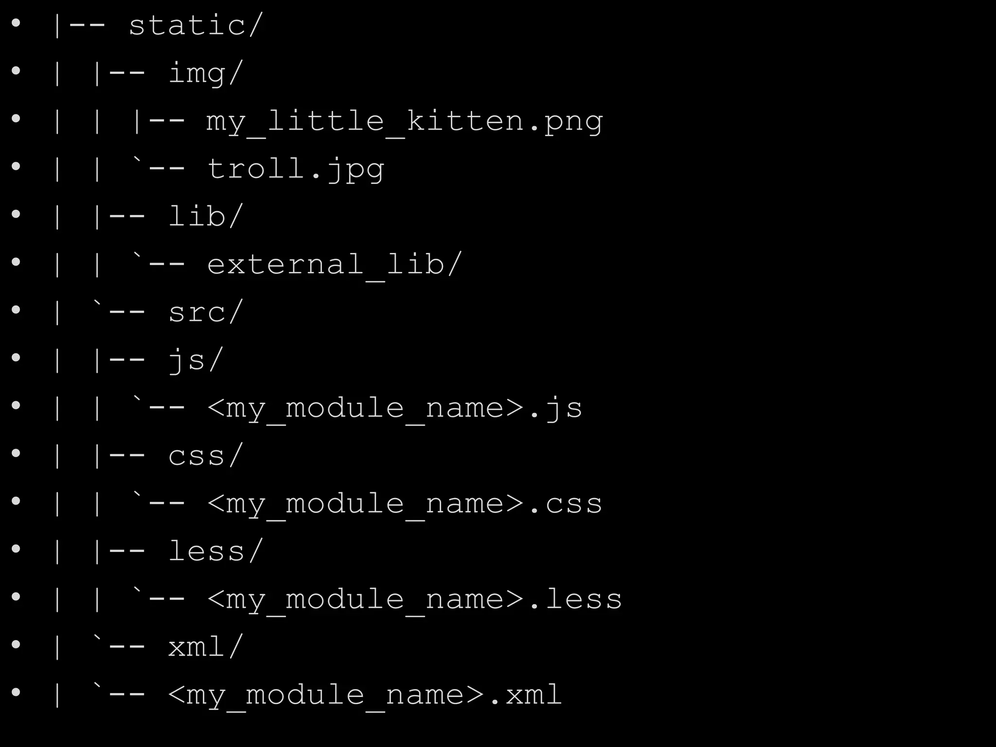 • |-- static/
• | |-- img/
• | | |-- my_little_kitten.png
• | | `-- troll.jpg
• | |-- lib/
• | | `-- external_lib/
• | `-- src/
• | |-- js/
• | | `-- <my_module_name>.js
• | |-- css/
• | | `-- <my_module_name>.css
• | |-- less/
• | | `-- <my_module_name>.less
• | `-- xml/
• | `-- <my_module_name>.xml
 