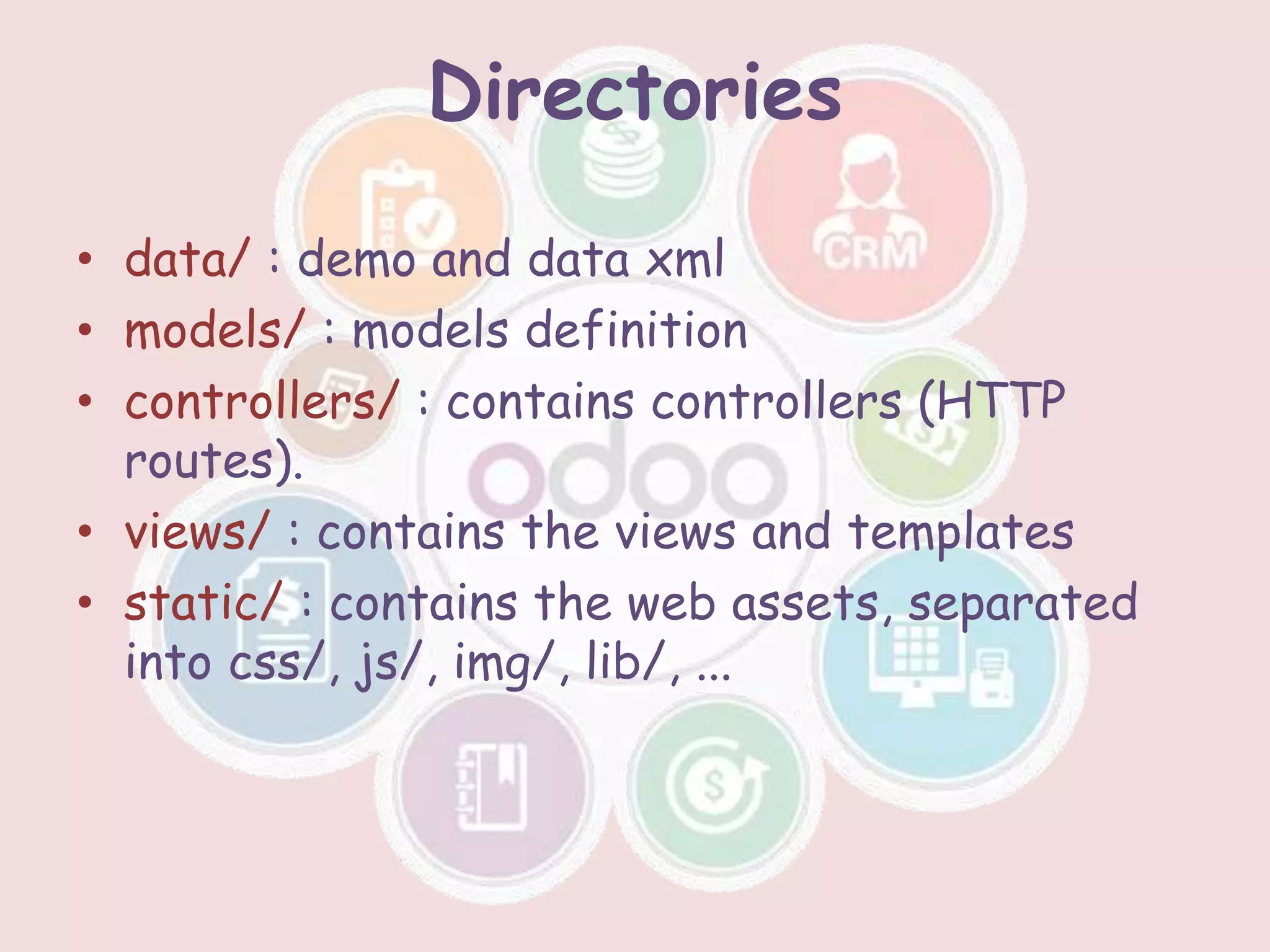 Directories
• data/ : demo and data xml
• models/ : models definition
• controllers/ : contains controllers (HTTP
routes).
• views/ : contains the views and templates
• static/ : contains the web assets, separated
into css/, js/, img/, lib/, ...
 