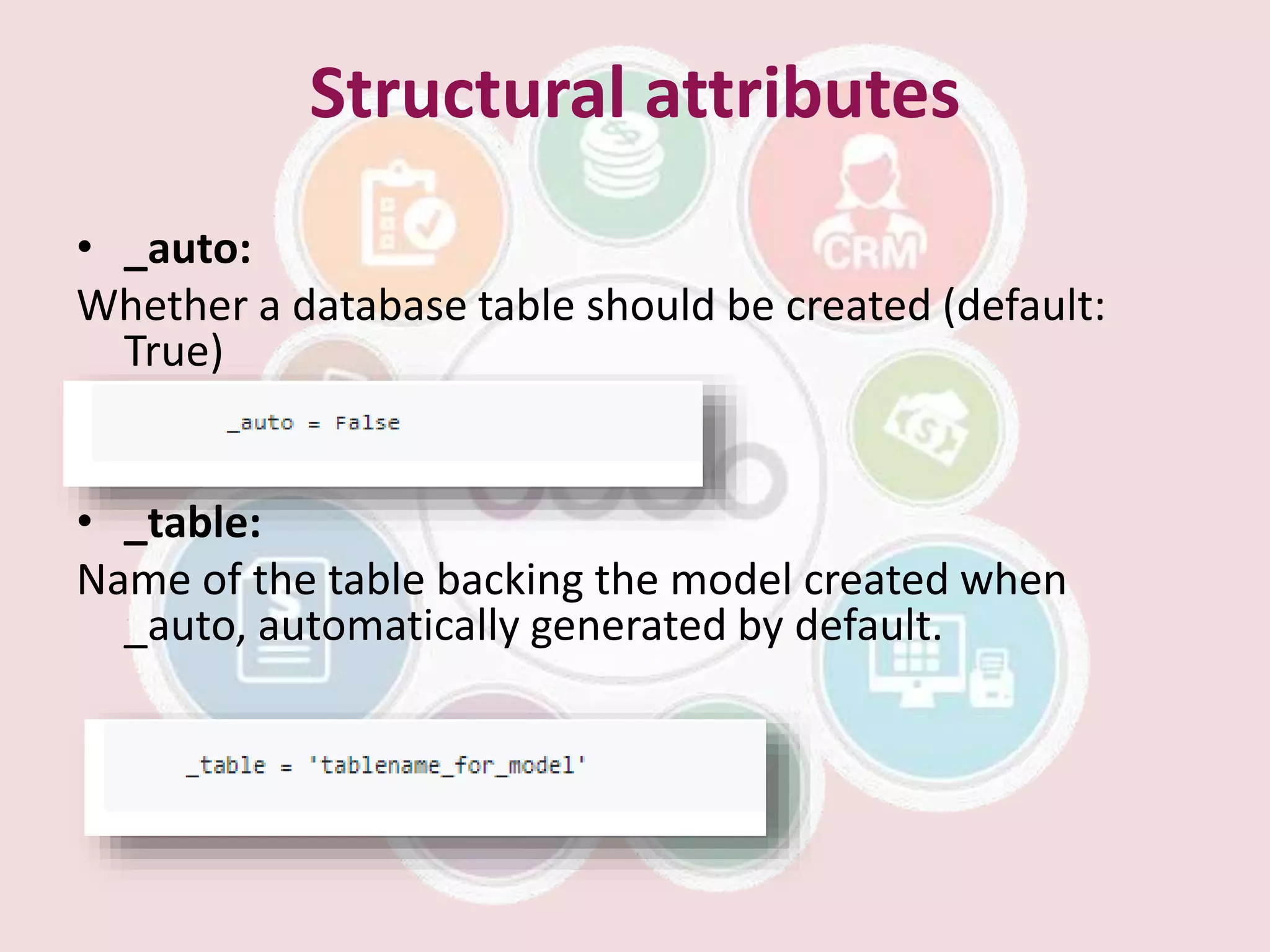 Structural attributes
• _auto:
Whether a database table should be created (default:
True)
• _table:
Name of the table backing the model created when
_auto, automatically generated by default.
 