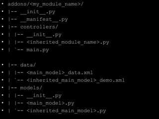 • addons/<my_module_name>/
• |-- __init__.py
• |-- __manifest__.py
• |-- controllers/
• | |-- __init__.py
• | |-- <inherited_module_name>.py
• | `-- main.py
• |-- data/
• | |-- <main_model>_data.xml
• | `-- <inherited_main_model>_demo.xml
• |-- models/
• | |-- __init__.py
• | |-- <main_model>.py
• | `-- <inherited_main_model>.py
 