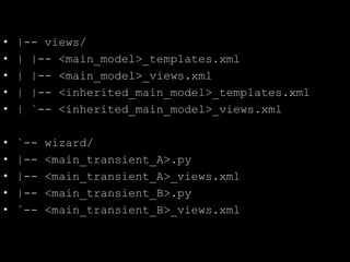 • |-- views/
• | |-- <main_model>_templates.xml
• | |-- <main_model>_views.xml
• | |-- <inherited_main_model>_templates.xml
• | `-- <inherited_main_model>_views.xml
• `-- wizard/
• |-- <main_transient_A>.py
• |-- <main_transient_A>_views.xml
• |-- <main_transient_B>.py
• `-- <main_transient_B>_views.xml
 