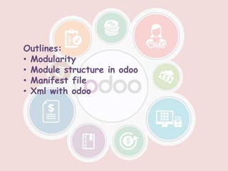 Outlines:
• Modularity
• Module structure in odoo
• Manifest file
• Xml with odoo
 