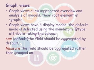 Graph views
• Graph views allow aggregated overview and
analysis of models, their root element is
<graph>.
• Graph views have 4 display modes, the default
mode is selected using the mandatory @type
attribute taking the values:
row (default)the field should be aggregated by
default.
Measure the field should be aggregated rather
than grouped on.
 