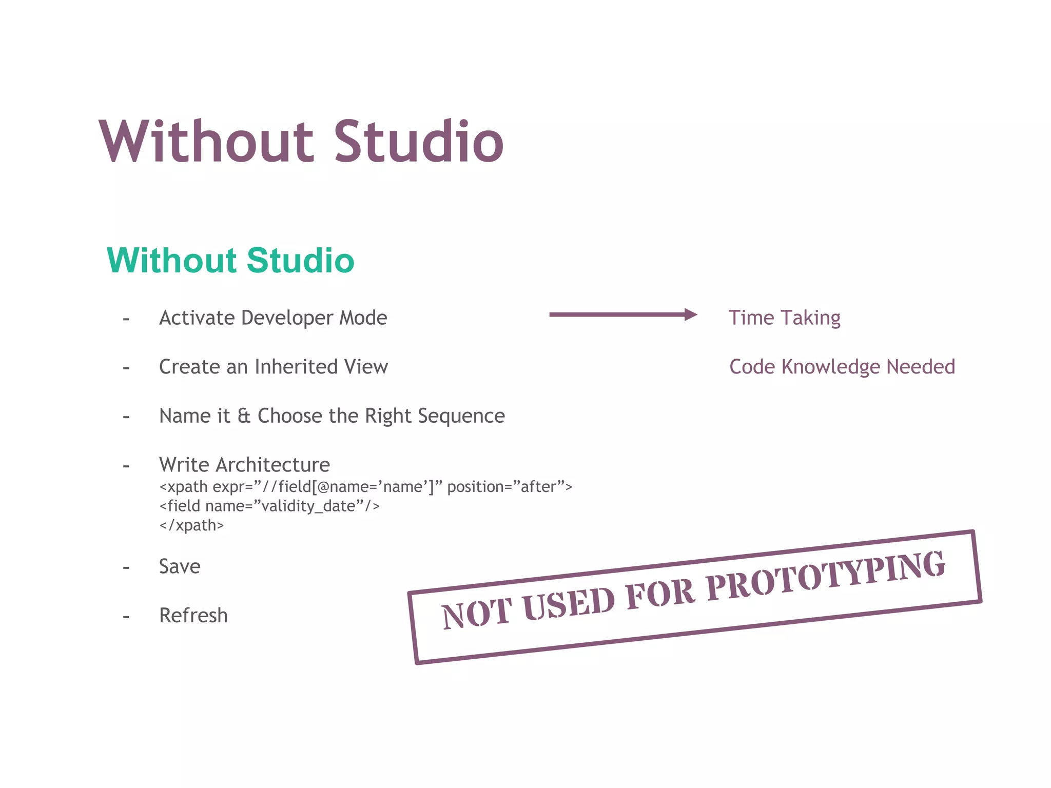 Without Studio
Without Studio
- Activate Developer Mode Time Taking
- Create an Inherited View Code Knowledge Needed
- Name it & Choose the Right Sequence
- Write Architecture
<xpath expr=”//field[@name=’name’]” position=”after”>
<field name=”validity_date”/>
</xpath>
- Save
- Refresh
 