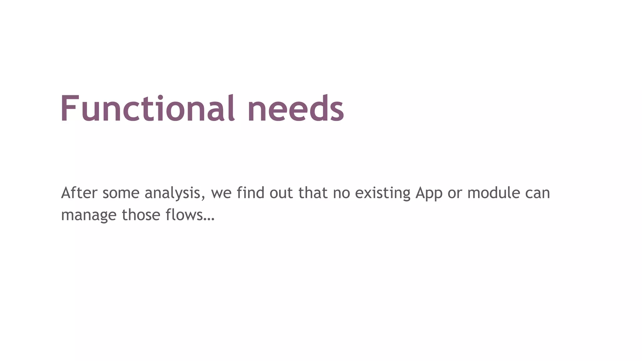 Functional needs
After some analysis, we find out that no existing App or module can
manage those flows…
 