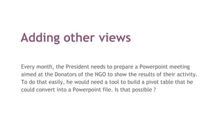 Adding other views
Every month, the President needs to prepare a Powerpoint meeting
aimed at the Donators of the NGO to show the results of their activity.
To do that easily, he would need a tool to build a pivot table that he
could convert into a Powerpoint file. Is that possible ?
 