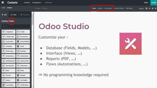 Customize your :
● Database (Fields, Models, …)
● Interface (Views, …)
● Reports (PDF, …)
● Flows (Automations, …)
⇒ No programming knowledge required
 