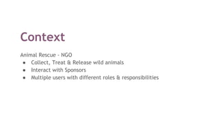 Context
Animal Rescue - NGO
● Collect, Treat & Release wild animals
● Interact with Sponsors
● Multiple users with different roles & responsibilities
 