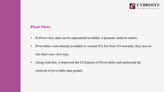 Pivot View:
• In Pivot view, data can be represented as tables, a dynamic analysis matrix.
• Pivot tables were already available in version 8.0, but from 9.0 onwards, they moved
into their own view type.
• Along with this, it improved the UI features of Pivot tables and optimized the
retrieval of pivot table data greatly.
 