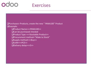 Exercises
Purchases> Products, create the new ‘’ PANA100’’ Product
Example:
Product Name=<<PANA100>>
Can be purchased checked
Product Type =<<Stockable Product>>
Procurement method=‘’Make to Stock’’
Supply method=<<Buy>>
UoM=<<PCE>>
Delivery delay=<<5>>
 
