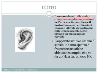 UDITO
 Il suono è dovuto alle onde di
compressione/decompressione
nell'aria che fanno vibrare il
nostro timpano. Le vibrazioni
vengono rilevate da particolari
cellule nelle orecchie, che
inviano un messaggio al
cervello.
 L’apparato uditivo umano è
sensibile a uno spettro di
frequenze acustiche
abbastanza ampio, che va
da 20 Hz a ca. 20.000 Hz.
https:// www.unpodichimica.wordpress.com
 