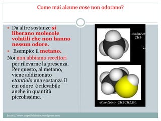 Come mai alcune cose non odorano?
 Da altre sostanze si
liberano molecole
volatili che non hanno
nessun odore.
 Esempio: il metano.
Noi non abbiamo recettori
per rilevarne la presenza.
Per questo, al metano,
viene addizionato
etantiolo una sostanza il
cui odore è rilevabile
anche in quantità
piccolissime.
https:// www.unpodichimica.wordpress.com
 