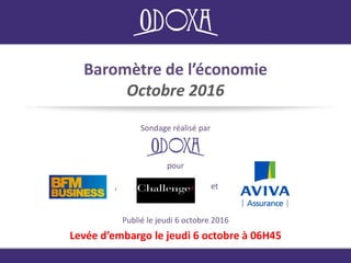 Baromètre de l’économie
Octobre 2016
Sondage réalisé par
Publié le jeudi 6 octobre 2016
Levée d’embargo le jeudi 6 octobre à 06H45
pour
, et
 