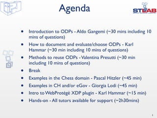 1
• Introduction to ODPs - Aldo Gangemi (~30 mins including 10
mins of questions)
• How to document and evaluate/choose ODPs - Karl
Hammar (~30 min including 10 mins of questions)
• Methods to reuse ODPs -Valentina Presutti (~30 min
including 10 mins of questions)
• Break
• Examples in the Chess domain - Pascal Hitzler (~45 min)
• Examples in CH and/or eGov - Giorgia Lodi (~45 min)
• Intro to WebProtégé XDP plugin - Karl Hammar (~15 min)
• Hands-on - All tutors available for support (~2h30mins)
Agenda
 