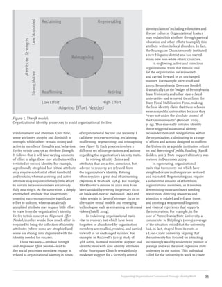 reinforcement and attention. Over time,
some attributes atrophy and diminish in
strength, while others remain strong and
active in members’ thoughts and behaviors.
I refer to this concept as Attribute Strength.
It follows that it will take varying amounts
of effort to align these core attributes with a
revisited or revised identity. For example,
a profoundly atrophied but critical attribute
may require substantial effort to rebuild
and sustain; whereas a strong and active
attribute may require relatively little effort
to sustain because members are already
fully enacting it. At the same time, a deeply
entrenched attribute that undermines
ongoing success may require significant
effort to unlearn, whereas an already
atrophied attribute may require little effort
to erase from the organization’s identity.
I refer to this concept as Alignment Effort
Needed, in other words, how much effort is
required to bring the collection of identity
attributes (where some are atrophied and
some are strong) into alignment with the
identity needed for success.
These two axes—Attribute Strength
and Alignment Effort Needed—lead to
five social processes members engage in
related to organizational identity in times
of organizational decline and recovery. I
call these processes retiring, reclaiming,
reaffirming, regenerating, and reimagining
(see Figure 1). Each process involves a
different set of interpretations and actions
regarding the organization’s identity traits.
In retiring, identity claims and
attributes that are active, conscious, but
adverse to recovery are released from
the organization’s identity. Retiring
often requires a great deal of unlearning
(Nystrom & Starbuck, 1984). For example,
Blockbuster’s demise in 2010 may have
been avoided by retiring its primary focus
on brick-and-mortar traditional DVD and
video rentals in favor of stronger focus on
alternative rental models and emerging
technologies such as streaming on demand
videos (Satell, 2014).
In reclaiming, organizational traits
vital to recovery but which have been
forgotten or abandoned by organization
members are recalled, restated, and carried
forward in an unchanged manner. For
example, in Rockwell’s (2013) study of
468 active, licensed ministers’ support and
identification with core identity attributes
of the Foursquare Church revealed only
moderate support for a formerly central
identity claim of including ethnicities and
diverse cultures. Organizational leaders
may reclaim this attribute through pastoral
education and other efforts to amplify this
attribute within its local churches. In fact,
the Foursquare Church recently instituted
a new Hispanic district and has started
many new non-white ethnic churches.
In reaffirming, active and conscious
organizational traits that remain vital
for the organization are reasserted
and carried forward in an unchanged
manner. For example, over 2008 and
2009, Pennsylvania Governor Rendell
dramatically cut the budget of Pennsylvania
State University and other state-related
universities and removed them from the
State Fiscal Stabilization Fund, making
the bold identity claim that these schools
were nonpublic universities because they
“were not under the absolute control of
the Commonwealth” (Rendell, 2009,
p. 14). This externally initiated identity
threat triggered substantial identity
reconsideration and renegotiation within
the organization, culminating in a range
of efforts and actions designed to reaffirm
the University as a public institution reliant
on and deserving of public funding (Ran &
Golden, 2011). State support ultimately was
restored in December 2009.
In regenerating, organizational
traits vital to recovery but which have
atrophied or are in disrepair are restored
and recreated. Regenerating can require
a substantial amount of effort from
organizational members, as it involves
determining those attributes needing
restoration, directing resources and
attention to relabel and reframe those,
and creating a wraparound linguistic
and visceral experience that supports
their recreation. For example, in the
case of Pennsylvania State University, a
commenter to Stripling’s (2009) coverage
of the situation voiced that the university
had, in fact, strayed from its roots as
a Land-Grant university, arguing that
the university has focused on attracting
increasingly wealthy students in pursuit of
prestige and was the most expensive state
university in the nation. This individual
called for the university to work to create
Figure 1. The 5R model: 	
Organizational identity processes to avoid organizational decline
AttributeStrength
Aligning Effort Needed
Reclaiming Regenerating
Reimagining
RetiringReaffirming
High EffortLow Effort
Strong/ActiveLow/Atrophied
35Supporting Organizational Turnaround Through Identity Work
 