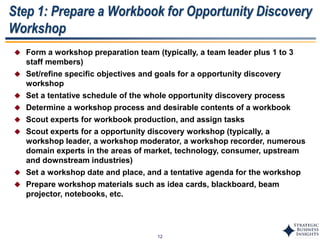 12
Step 1: Prepare a Workbook for Opportunity Discovery
Workshop
 Form a workshop preparation team (typically, a team leader plus 1 to 3
staff members)
 Set/refine specific objectives and goals for a opportunity discovery
workshop
 Set a tentative schedule of the whole opportunity discovery process
 Determine a workshop process and desirable contents of a workbook
 Scout experts for workbook production, and assign tasks
 Scout experts for a opportunity discovery workshop (typically, a
workshop leader, a workshop moderator, a workshop recorder, numerous
domain experts in the areas of market, technology, consumer, upstream
and downstream industries)
 Set a workshop date and place, and a tentative agenda for the workshop
 Prepare workshop materials such as idea cards, blackboard, beam
projector, notebooks, etc.
 