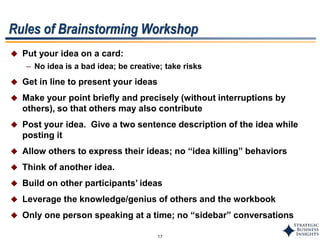 17
 Put your idea on a card:
– No idea is a bad idea; be creative; take risks
 Get in line to present your ideas
 Make your point briefly and precisely (without interruptions by
others), so that others may also contribute
 Post your idea. Give a two sentence description of the idea while
posting it
 Allow others to express their ideas; no “idea killing” behaviors
 Think of another idea.
 Build on other participants’ ideas
 Leverage the knowledge/genius of others and the workbook
 Only one person speaking at a time; no “sidebar” conversations
Rules of Brainstorming Workshop
 