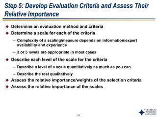 23
Step 5: Develop Evaluation Criteria and Assess Their
Relative Importance
 Determine an evaluation method and criteria
 Determine a scale for each of the criteria
– Complexity of a scaling/measure depends on information/expert
availability and experience
– 3 or 5 levels are appropriate in most cases
 Describe each level of the scale for the criteria
– Describe a level of a scale quantitatively as much as you can
– Describe the rest qualitatively
 Assess the relative importance/weights of the selection criteria
 Assess the relative importance of the scales
 