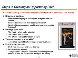 34
Steps in Creating an Opportunity Pitch
 Know your audience
– What are they trying to accomplish that your idea can
affect?
– How do they measure their accomplishment?
– Which of those measures would your idea help most to
improve?
 Package your pitch
– The Hook – what grabs attention
– The Core – your content
– The Close – request for action or input
 The core content is your NABC
– …matched against the knowledge of your audience
 Practice and improve
– Both your message and your delivery
– Be natural and sincere
– Test yourself: Can your spouse or another significant
person in your life understand what you are saying?
“Elevator Pitch”
A concise summary of your Value Proposition in about 150 to 225 words (omit details!)
 