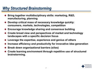 7
 Bring together multidisciplinary skills: marketing, R&D,
manufacturing, planning
 Develop critical mass of necessary knowledge quickly:
consumers, markets, technologies, competition
 Encourage knowledge sharing and consensus building
 Create broad view and perspectives of market and technology
landscapes with a specific decision focus
 Leverage the expertise, experience and genius of others
 Increase efficiency and productivity for innovative idea generation
 Break down organizational barriers (silos)
 Create learning environment through repetitive use of structured
brainstorming.
Why Structured Brainstorming
 