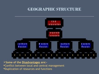 GEOGRAPHIC STRUCTURE
N o r t h e r n
R e g i o n
W e s t e r n
R e g i o n
S o u t h e r n
R e g i o n
E a s t e r n
R e g i o n
C o r p o r a t e
M a n a g e r s
C E O
C o r p o r a t i o n
Some of the Disadvantages are:-
Conflict between local and central management
Duplication of resources and functions
 