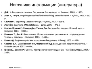 © 2017, Незнанов А.А. 49
Источники информации (литература)
1. Дейт К. Введение в системы баз данных, 8-е издание. — Вильямс, 2005. – 1328 с.
2. Allen S., Terry E. Beginning Relational Data Modeling, Second Edition. – Apress, 2005. – 632
p.
3. Churcher C. Beginning Database Design. – Apress, 2007. – 300 p.
4. Powell G. Beginning XML Databases. – Wrox, 2006. – 470 p.
5. Гарсиа-Молина Г., Ульман Дж., Уидом Дж. Системы баз данных. Полный курс. –
Вильямс, 2003. – 1088 с.
6. Конноли Т., Бегг К. Базы данных. Проектирование, реализация и сопровождение.
Теория и практика. – Вильямс, 2003. – 1435 с.
7. Кренке Д. Теория и практика построения баз данных. – Питер, 2005. – 864 с.
8. Советов Б.Я., Цехановский В.В., Чертовской В.Д. Базы данных. Теория и практика. –
Высшая школа, 2007. – 463 с.
9. Шаши Ш., Санжей Ч. Основы пространственных баз данных. – М: Кудиц-Образ, 2004. –
336 с.
 