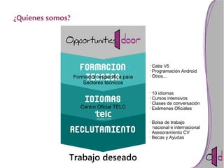¿Quienes somos?
FORMACION
TECNICA
RECLUTAMIENTO
IDIOMAS
Formación específica para
Sectores técnicos
Centro Oficial TELC
•
10 idiomas
•
Cursos intensivos
•
Clases de conversación
•
Exámenes Oficiales
Trabajo deseado
•
Catia V5
•
Programación Android
•
Otros...
•
Bolsa de trabajo
nacional e internacional
•
Asesoramiento CV
•
Becas y Ayudas
 